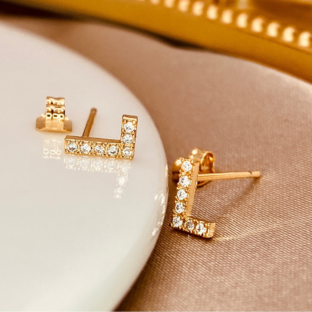 925 -Gold Initial Capital Letter L Pave Diamond CZ Small Stud Earrings